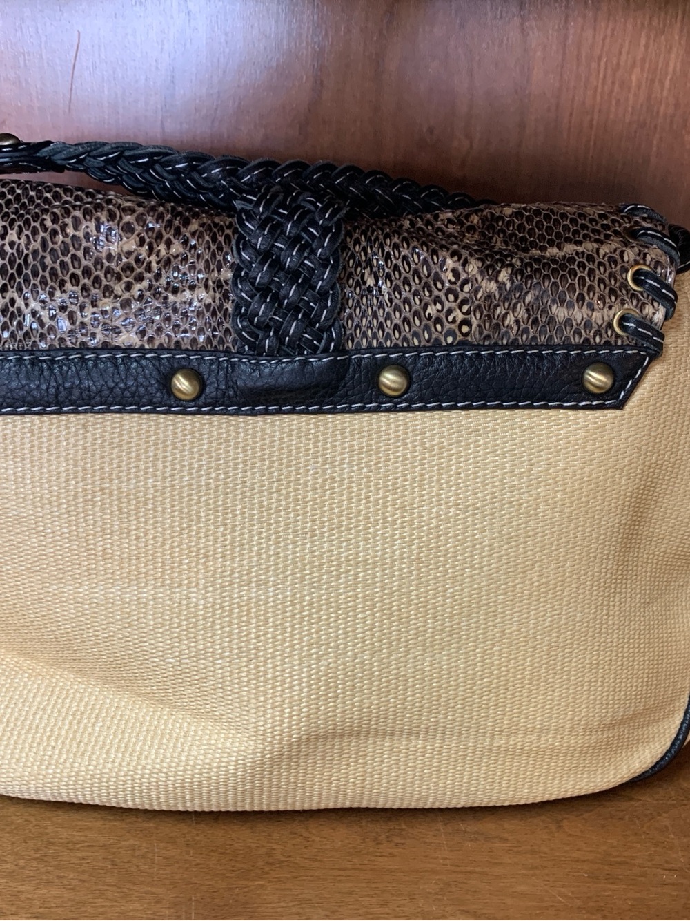 Tassel Accent Satchel in Tan and Black with Snake-Print Trim - Picture 2 of 3